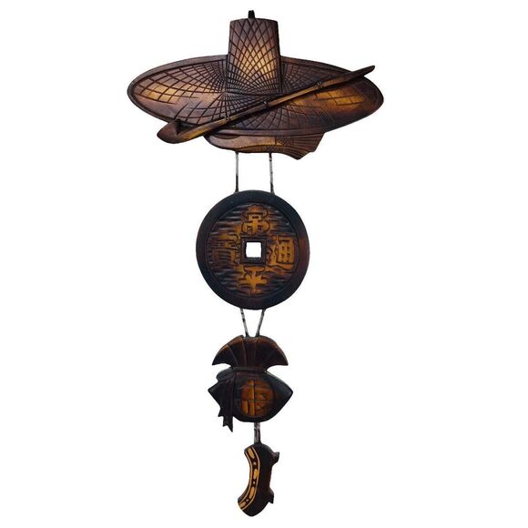 Vintage MCM Wood Asian Kiser Pipe Lucky Chinese Coin Money Bag Geta Wall Hanging - Picture 13 of 16